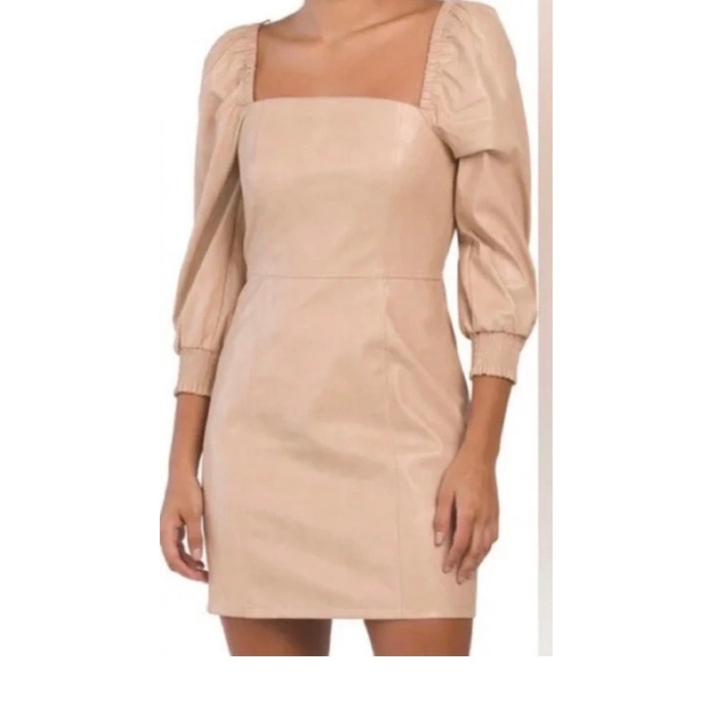 7 For All Mankind Womens Tan Vegan Leather Puff Sleeve Mini Dress Size M